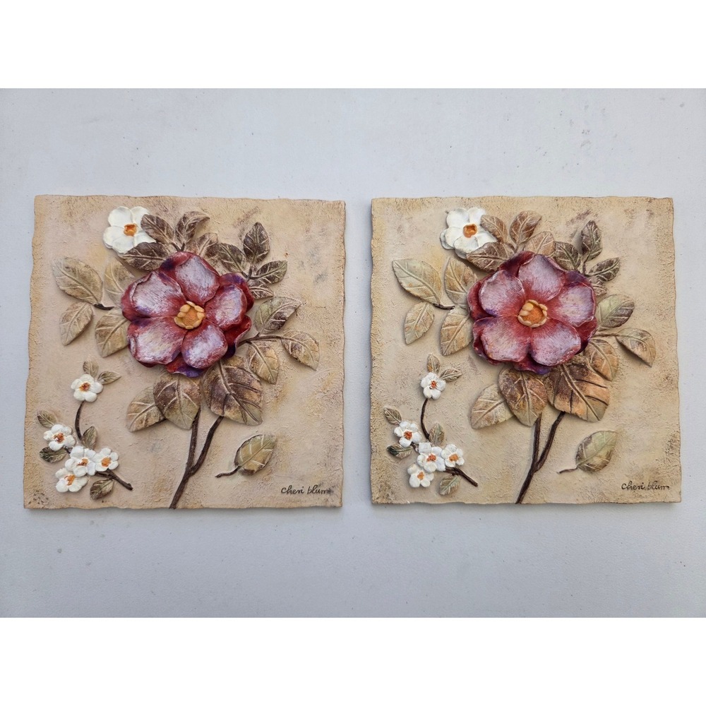 Two Vintage Cheri Blum 3D‎ Floral SquareTiles Wall Plaques  Decoration Ceramid
